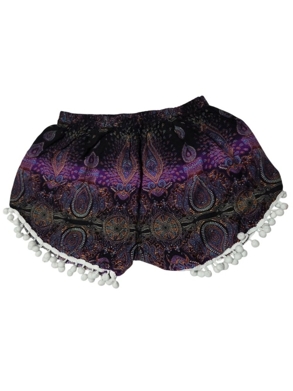 Harem Boho Paisley Shorts Size XXS Pom Pom Trim Elastic Waist Festival Wear